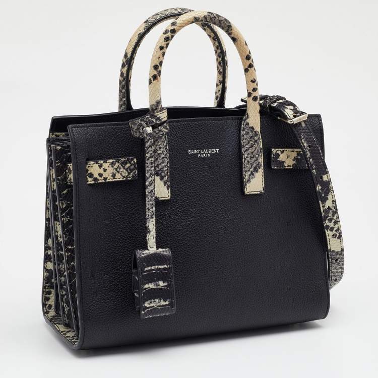 Pre Owned Saint Laurent Black/Beige Python Embossed and Leather Nano Classic Sac De Jour Tote