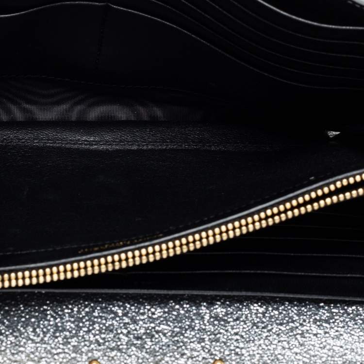 Pre Owned Saint Laurent Metallic Silver Leather Monogram Wallet on Chain