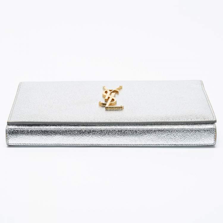 Pre Owned Saint Laurent Metallic Silver Leather Monogram Wallet on Chain