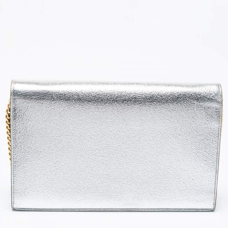 Pre Owned Saint Laurent Metallic Silver Leather Monogram Wallet on Chain