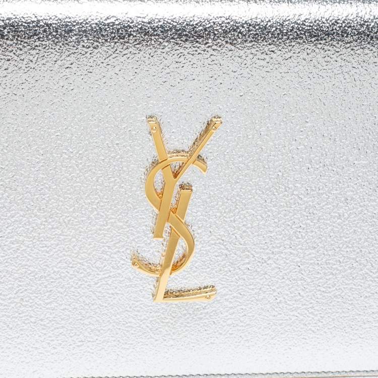 Pre Owned Saint Laurent Metallic Silver Leather Monogram Wallet on Chain