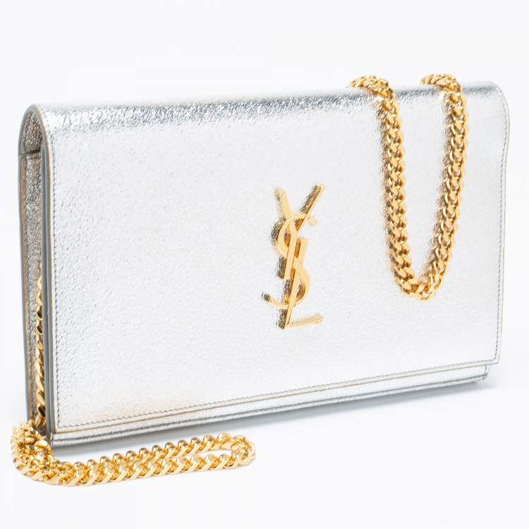 Pre Owned Saint Laurent Metallic Silver Leather Monogram Wallet on Chain