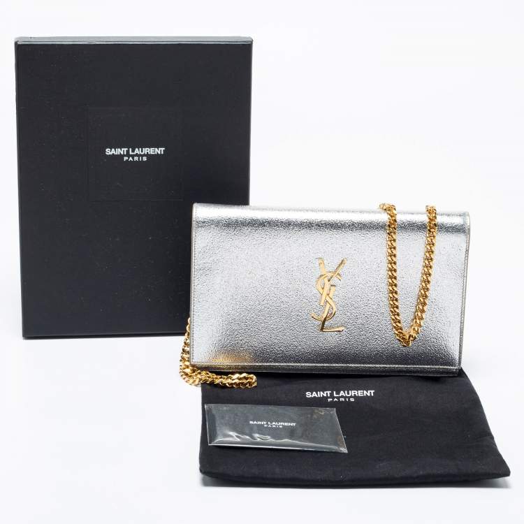 Pre Owned Saint Laurent Metallic Silver Leather Monogram Wallet on Chain