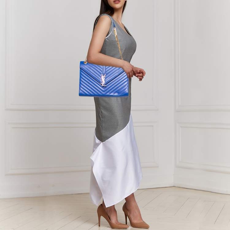 Pre Owned Saint Laurent Blue Chevron Quilted Leather Monogram Envelope Shoulder Bag