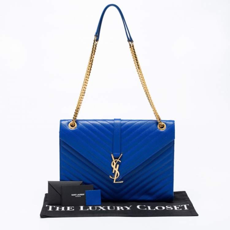Pre Owned Saint Laurent Blue Chevron Quilted Leather Monogram Envelope Shoulder Bag