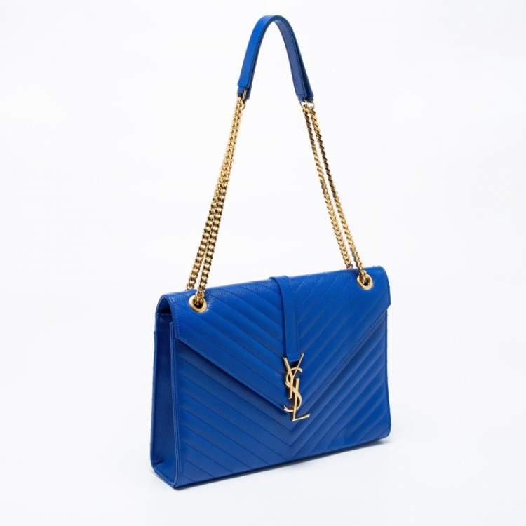 Pre Owned Saint Laurent Blue Chevron Quilted Leather Monogram Envelope Shoulder Bag