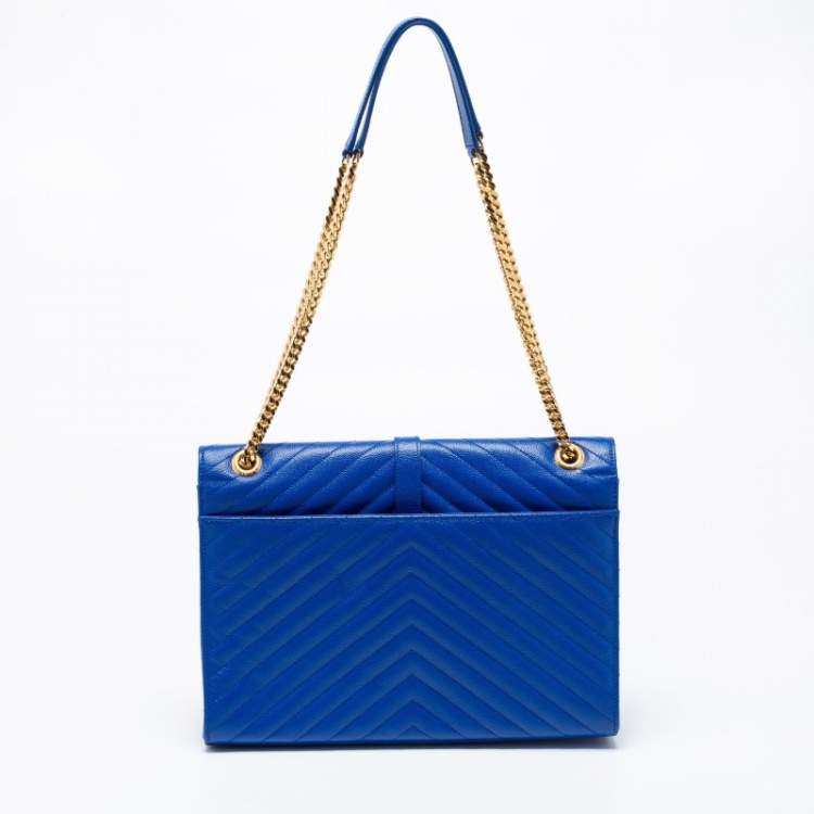 Pre Owned Saint Laurent Blue Chevron Quilted Leather Monogram Envelope Shoulder Bag