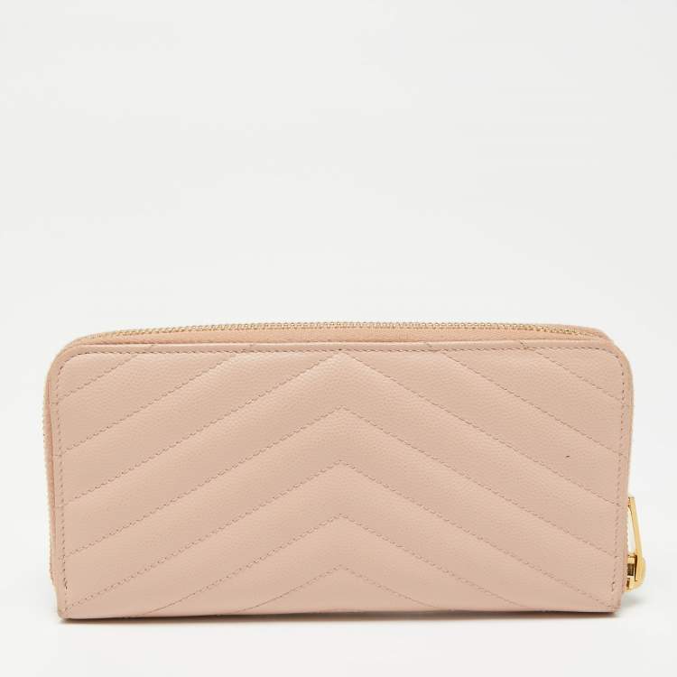 Pre Owned Saint Laurent Pink Matelassé Leather Monogram Zip Around Wallet