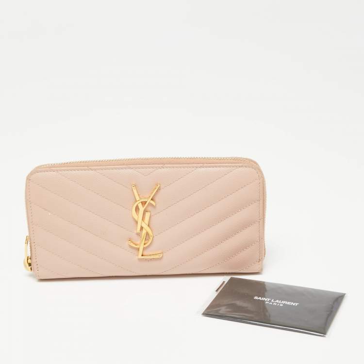 Pre Owned Saint Laurent Pink Matelassé Leather Monogram Zip Around Wallet