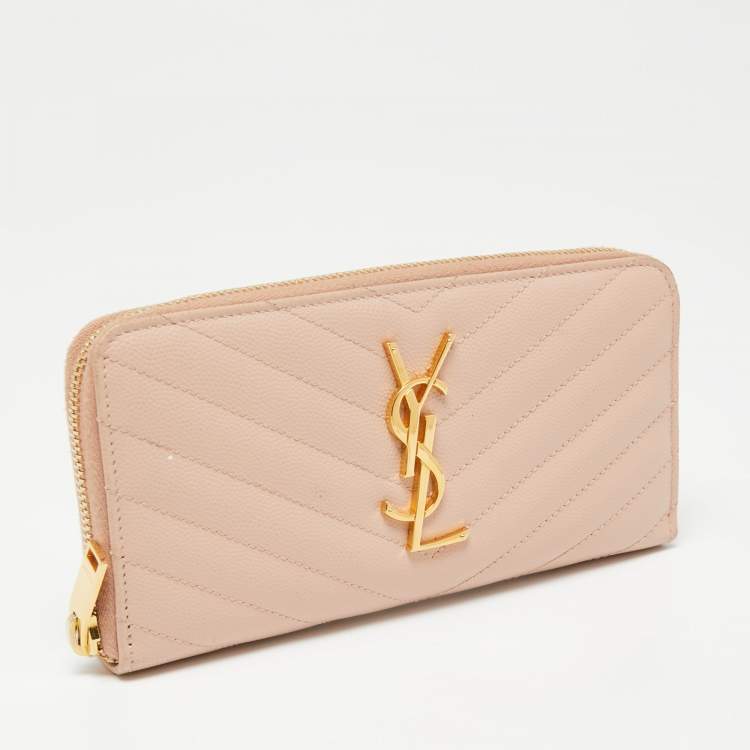 Pre Owned Saint Laurent Pink Matelassé Leather Monogram Zip Around Wallet