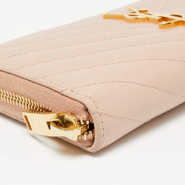 Pre Owned Saint Laurent Pink Matelassé Leather Monogram Zip Around Wallet