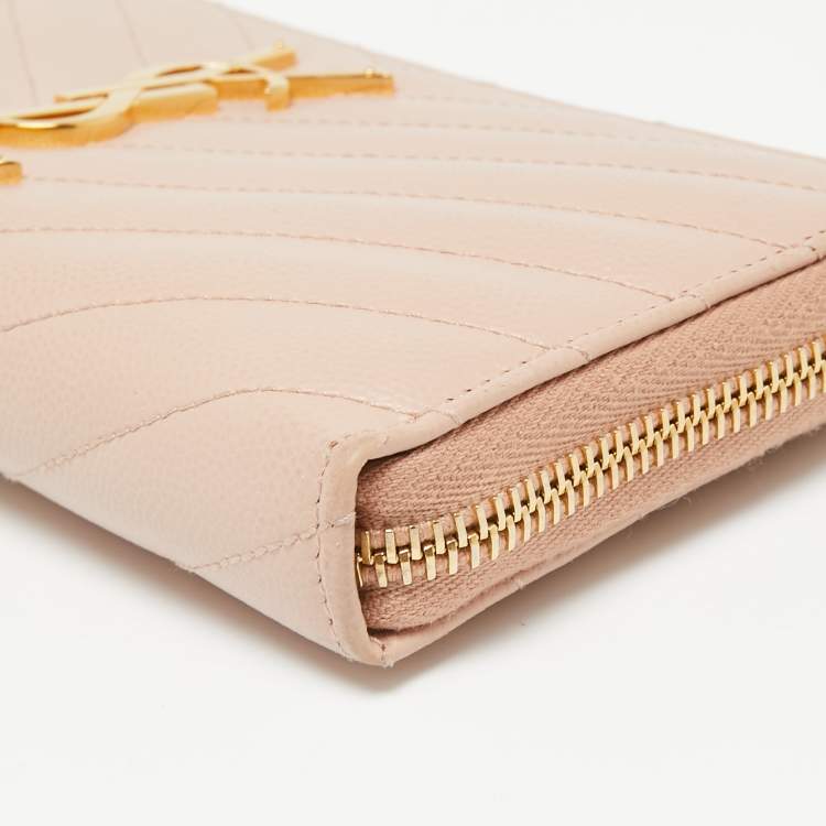 Pre Owned Saint Laurent Pink Matelassé Leather Monogram Zip Around Wallet