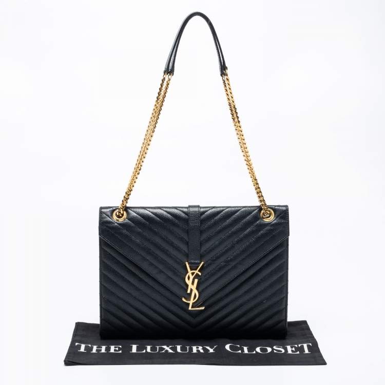 Pre Owned Saint Laurent Black Chevron Quilted Leather Monogram Envelope Shoulder Bag