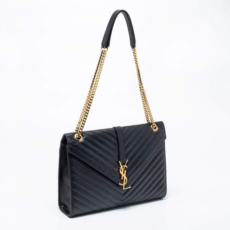 Pre Owned Saint Laurent Black Chevron Quilted Leather Monogram Envelope Shoulder Bag