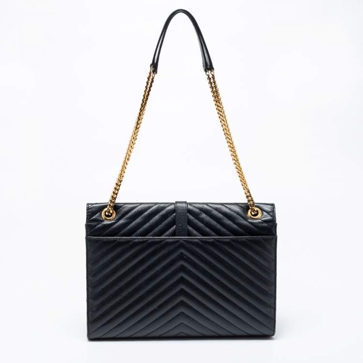 Pre Owned Saint Laurent Black Chevron Quilted Leather Monogram Envelope Shoulder Bag