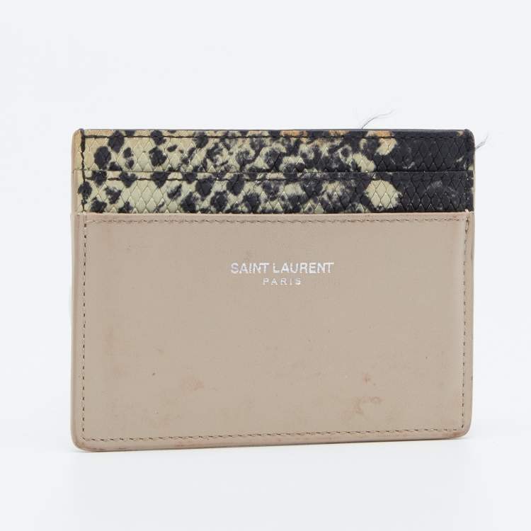 Pre Owned Saint Laurent Beige/Black Python Embossed and Leather Card Holder    