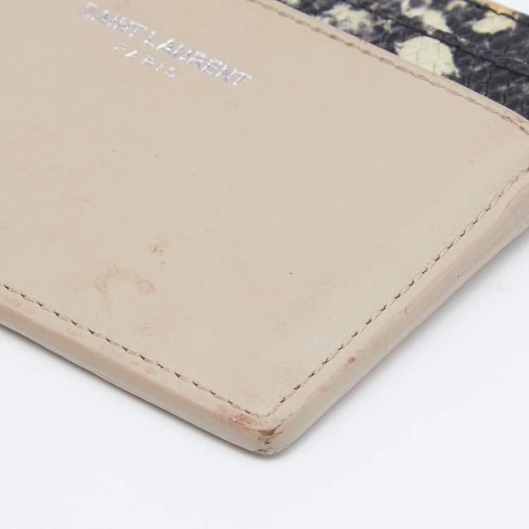 Pre Owned Saint Laurent Beige/Black Python Embossed and Leather Card Holder    