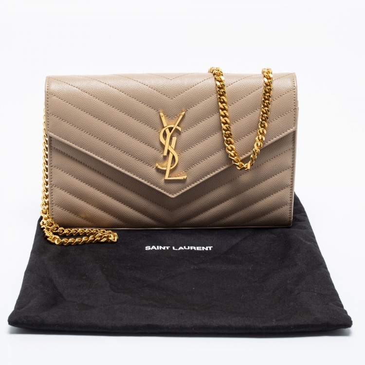 مملوكة مسبقًا Saint Laurent Beige Matelassé Leather Monogram Envelope Wallet on Chain