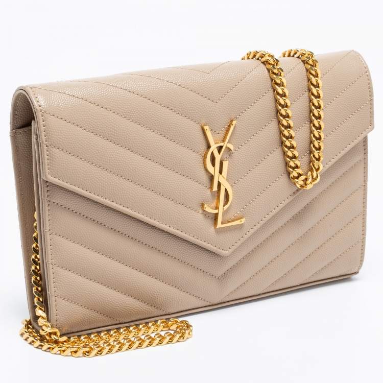 مملوكة مسبقًا Saint Laurent Beige Matelassé Leather Monogram Envelope Wallet on Chain