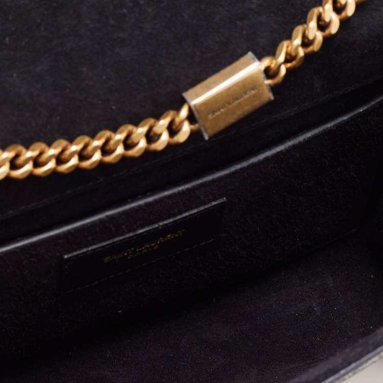 Pre Owned Saint Laurent Gold Laminated Crinkled Leather New Small Kate Wallet on Chain
