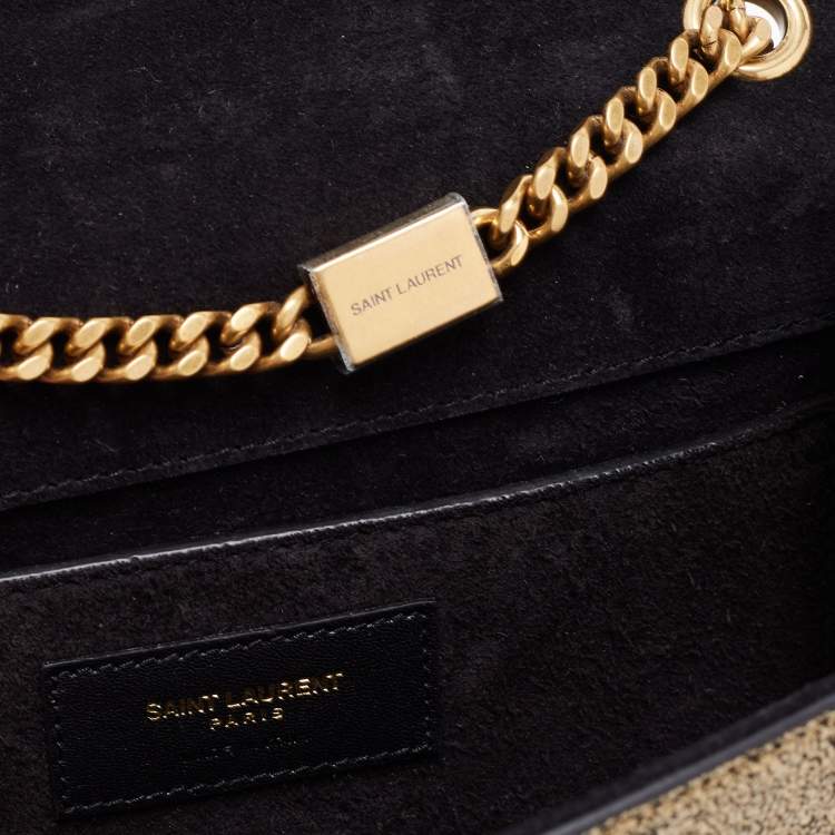 Pre Owned Saint Laurent Gold Laminated Crinkled Leather New Small Kate Wallet on Chain