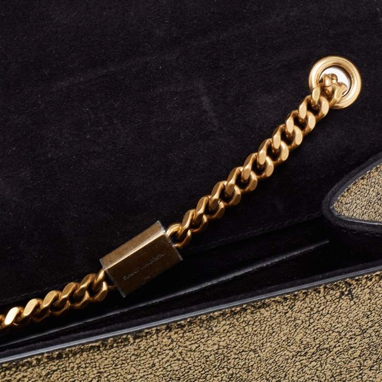 Pre Owned Saint Laurent Gold Laminated Crinkled Leather New Small Kate Wallet on Chain