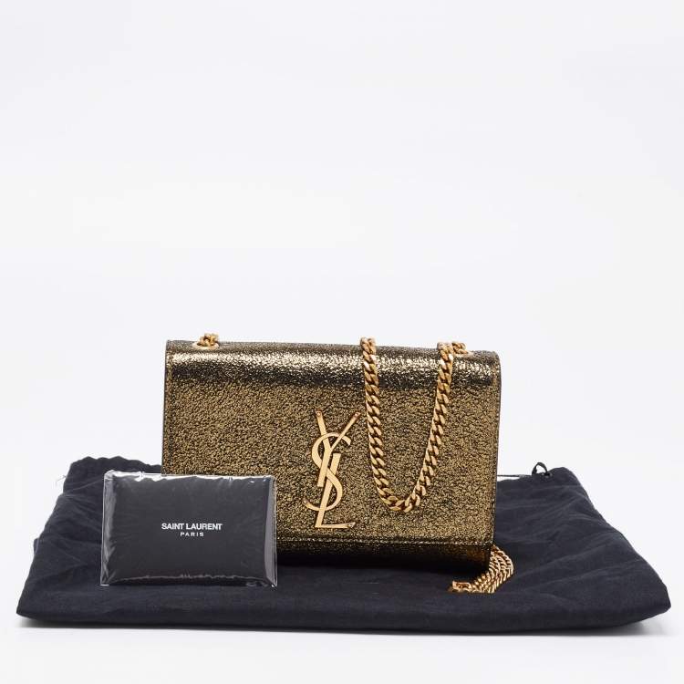 Pre Owned Saint Laurent Gold Laminated Crinkled Leather New Small Kate Wallet on Chain