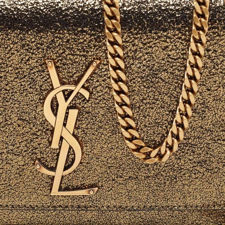 Pre Owned Saint Laurent Gold Laminated Crinkled Leather New Small Kate Wallet on Chain