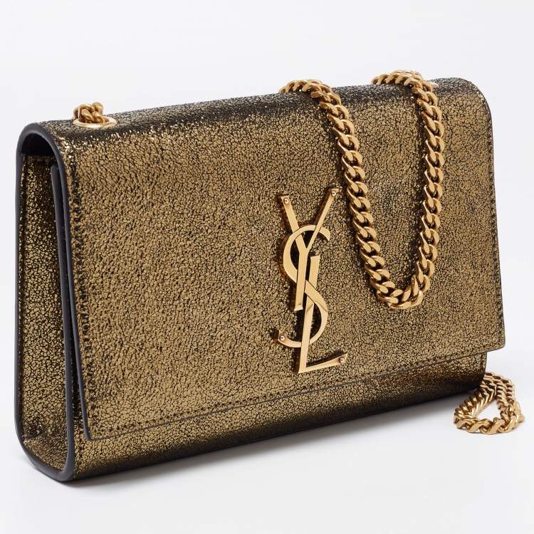 Pre Owned Saint Laurent Gold Laminated Crinkled Leather New Small Kate Wallet on Chain