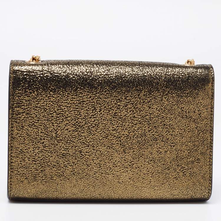 Pre Owned Saint Laurent Gold Laminated Crinkled Leather New Small Kate Wallet on Chain