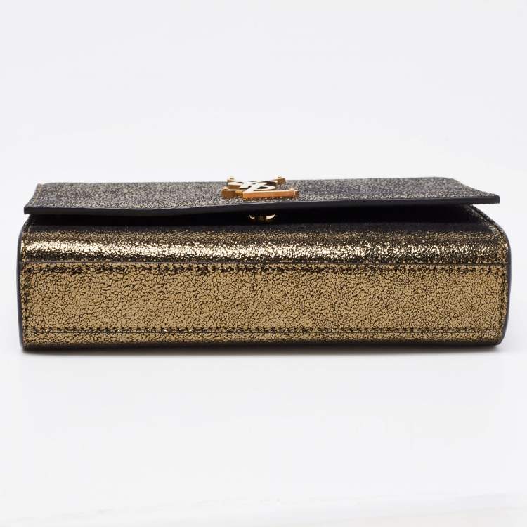 Pre Owned Saint Laurent Gold Laminated Crinkled Leather New Small Kate Wallet on Chain