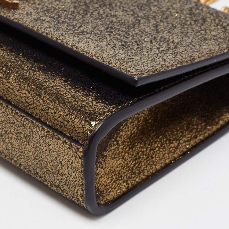 Pre Owned Saint Laurent Gold Laminated Crinkled Leather New Small Kate Wallet on Chain