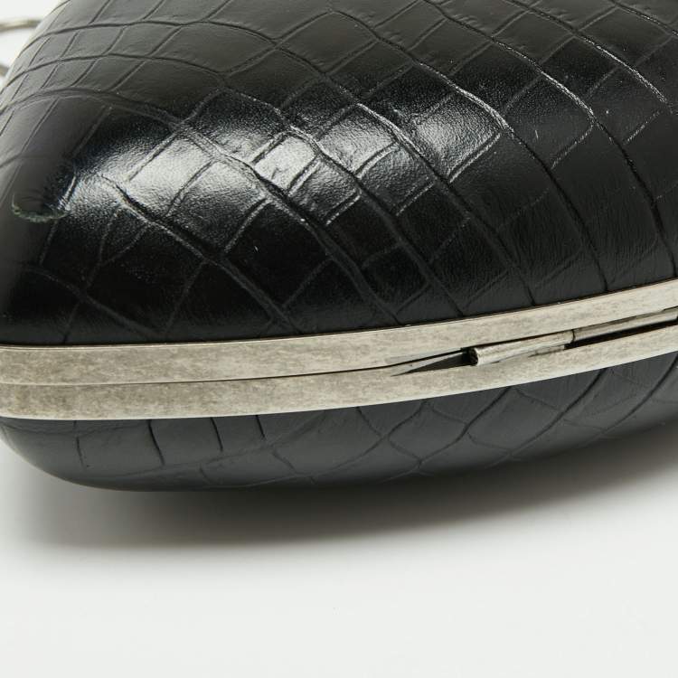 Pre Owned Saint Laurent Black Croc Embossed Leather Love Box Chain Clutch