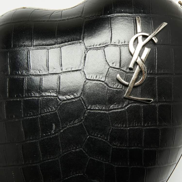 Pre Owned Saint Laurent Black Croc Embossed Leather Love Box Chain Clutch
