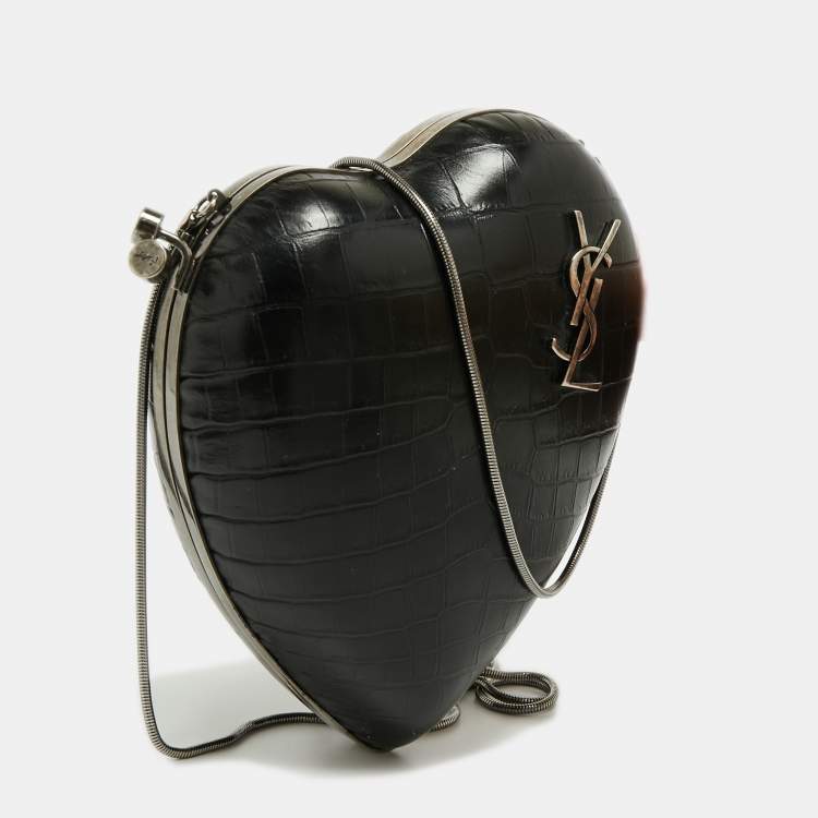 Pre Owned Saint Laurent Black Croc Embossed Leather Love Box Chain Clutch