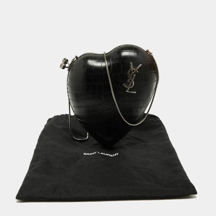Pre Owned Saint Laurent Black Croc Embossed Leather Love Box Chain Clutch