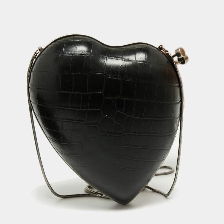 Pre Owned Saint Laurent Black Croc Embossed Leather Love Box Chain Clutch