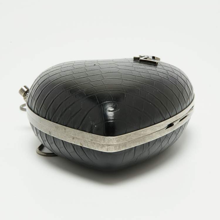 Pre Owned Saint Laurent Black Croc Embossed Leather Love Box Chain Clutch