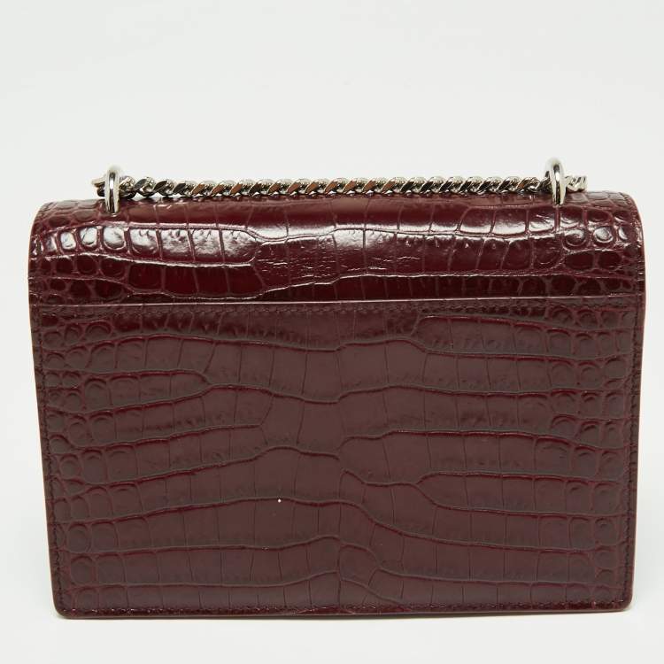 Pre Owned Saint Laurent Dark Red Croc Embossed Leather Mini Sunset Chain Bag
