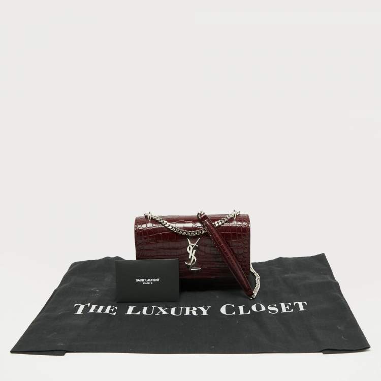 Pre Owned Saint Laurent Dark Red Croc Embossed Leather Mini Sunset Chain Bag