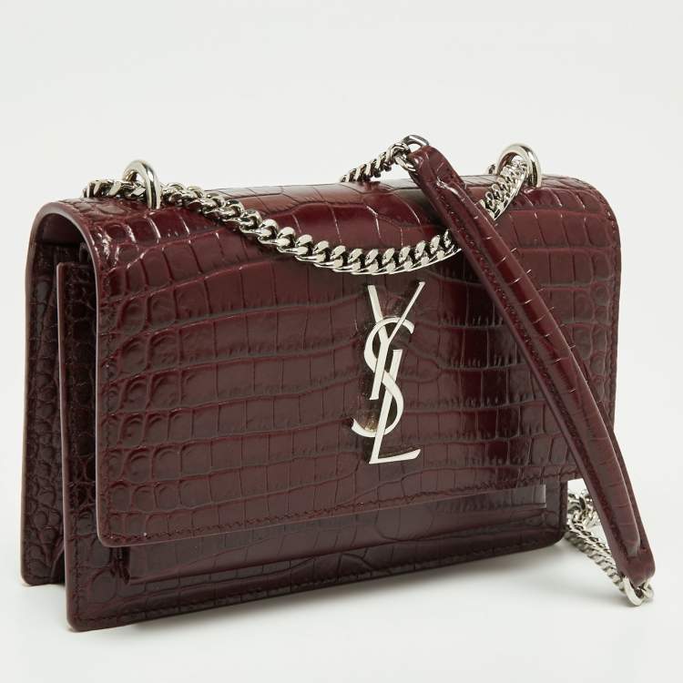 Pre Owned Saint Laurent Dark Red Croc Embossed Leather Mini Sunset Chain Bag