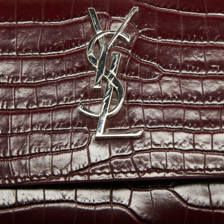 Pre Owned Saint Laurent Dark Red Croc Embossed Leather Mini Sunset Chain Bag