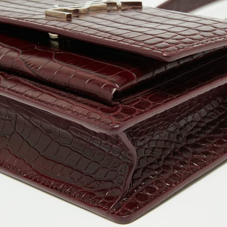 Pre Owned Saint Laurent Dark Red Croc Embossed Leather Mini Sunset Chain Bag