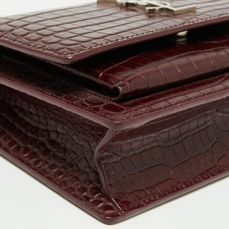 Pre Owned Saint Laurent Dark Red Croc Embossed Leather Mini Sunset Chain Bag