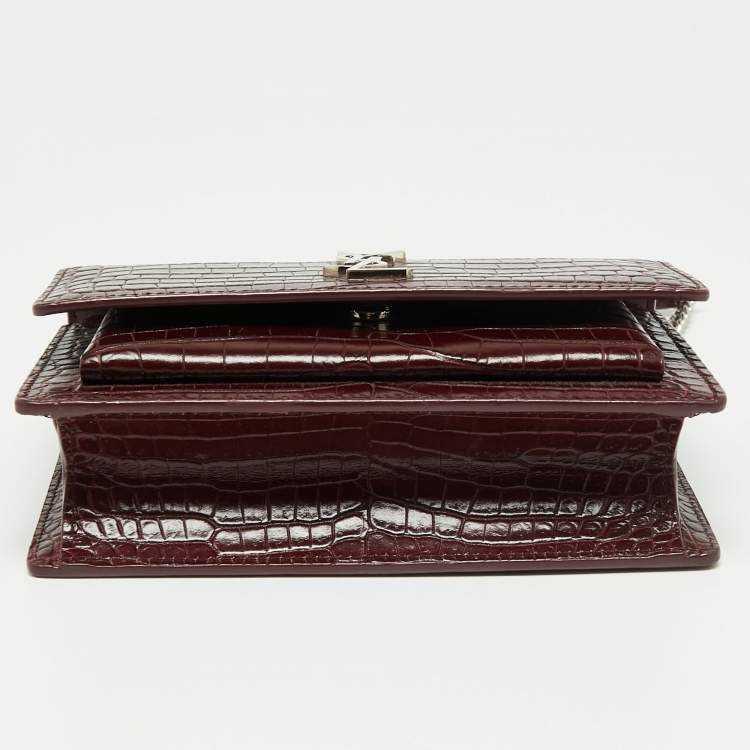 Pre Owned Saint Laurent Dark Red Croc Embossed Leather Mini Sunset Chain Bag