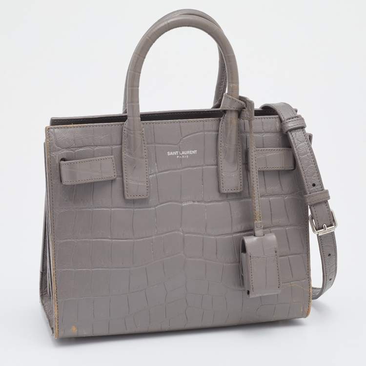 Pre Owned Saint Laurent Grey Croc Embossed Leather Nano Classic Sac De Jour Tote