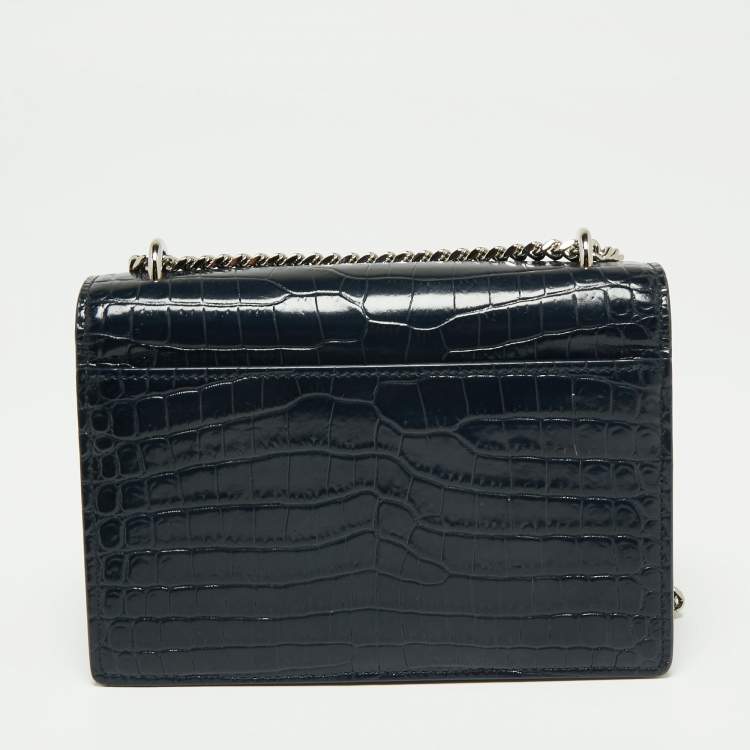 Pre Owned Saint Laurent Navy Blue Croc Embossed Leather Mini Sunset Chain Bag
