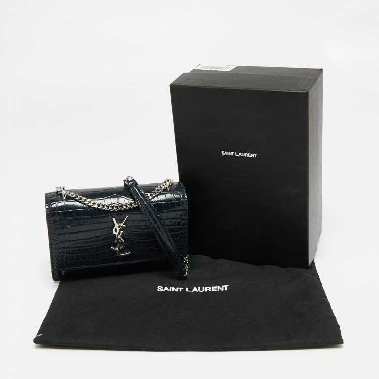 Pre Owned Saint Laurent Navy Blue Croc Embossed Leather Mini Sunset Chain Bag