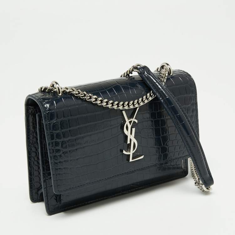 Pre Owned Saint Laurent Navy Blue Croc Embossed Leather Mini Sunset Chain Bag