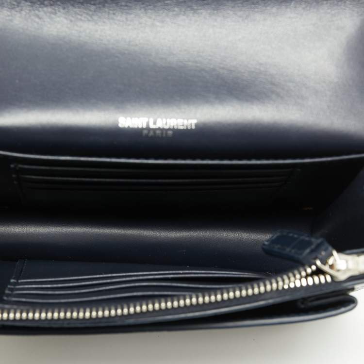 Pre Owned Saint Laurent Navy Blue Croc Embossed Leather Mini Sunset Chain Bag